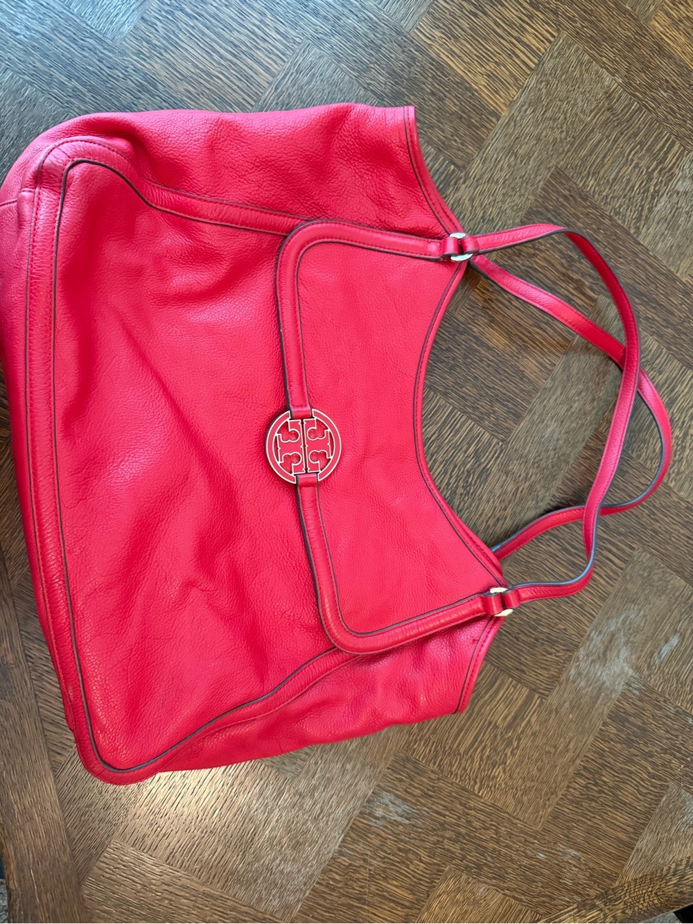 Tory Burch Bright Red Pebbled Leather Shoulder Bag with Logo Medallion